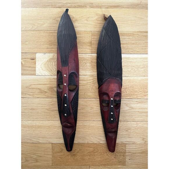 Kenyan African Face Masks with Grommets His and Hers Brown/Black Wood Carved Han - Picture 2 of 7